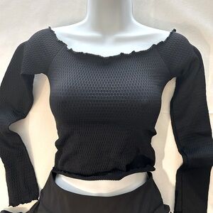 3 Black Fitted Smocked Ruffled Edge Long Sleeve Off Shoulder Crop Top